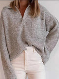 Loose Solid Lapel Pocket Long Sleeve Sweater Shopvhs.com