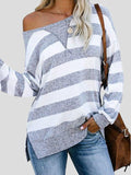 Loose Striped Long Sleeve Split T-Shirt Shopvhs.com