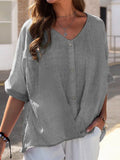 Loose V-Neck Buttoned Short Sleeves Blouses Shopvhs.com