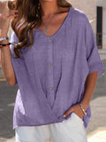 Loose V-Neck Buttoned Short Sleeves Blouses Shopvhs.com