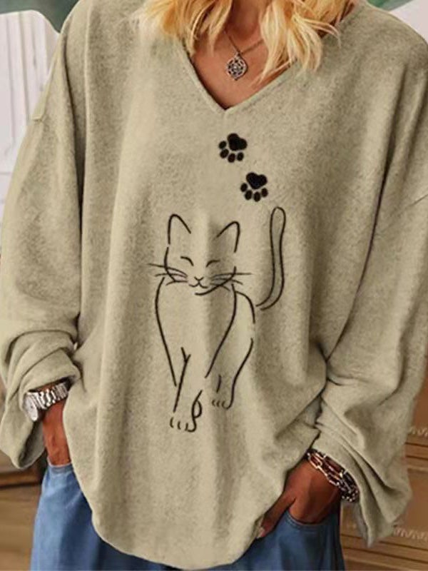 Loose V-Neck Cat Print Long Sleeve T-Shirt Shopvhs.com