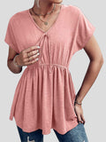 Loose V-Neck Gathered Short Sleeve T-Shirt Shopvhs.com