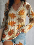 Loose V-Neck Leaf Print Long Sleeve T-Shirt Shopvhs.com