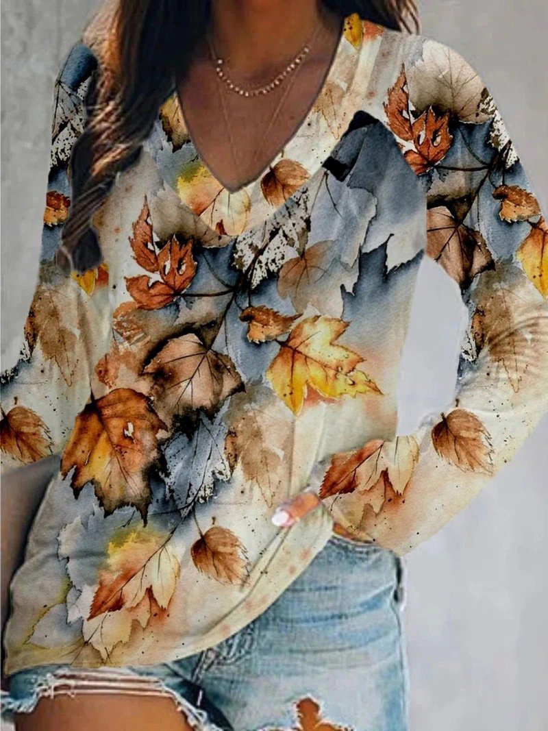 Loose V-Neck Leaf Print Long Sleeve T-Shirt Shopvhs.com