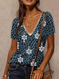 Loose V-neck Leopard PrintT-shirt Shopvhs.com