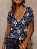 Loose V-neck Leopard PrintT-shirt Shopvhs.com