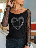 Love Hot Rhinestone Mesh Stitching Long Sleeve T-Shirt Shopvhs.com
