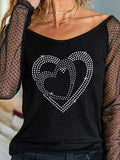 Love Hot Rhinestone Mesh Stitching Long Sleeve T-Shirt Shopvhs.com
