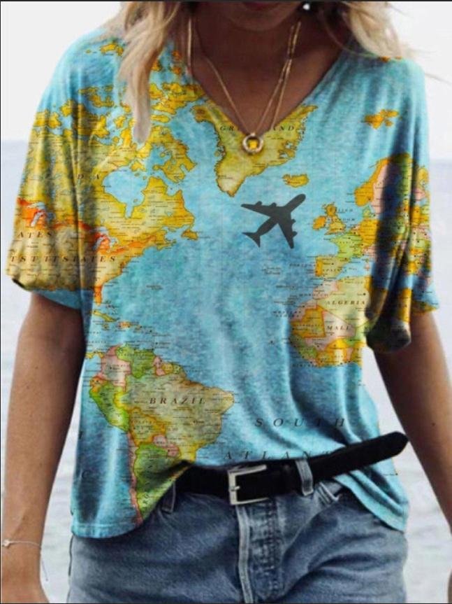 Map Printed V-neck Short-sleeved T-shirt Shopvhs.com