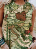 Map Printing Crew Neck Casual Tank Tops Shopvhs.com