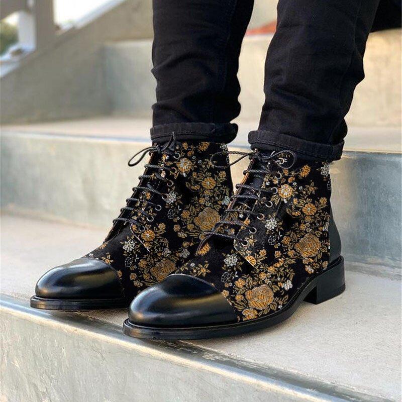 Men'S Vintage Flower Stitched Low Heel Martin Boots Shopvhs.com