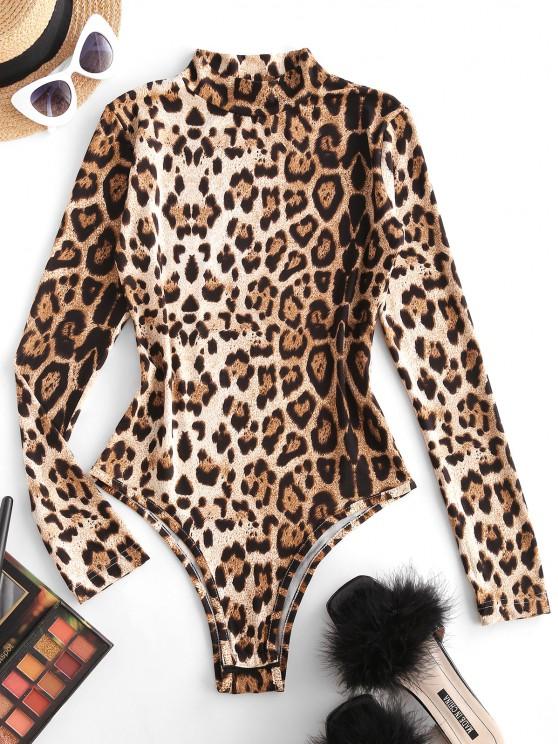 Mock Neck Leopard Snap Crotch Long Sleeve Bodysuit Shopvhs.com