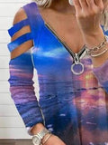 Off-shoulder V-neck Zipper Long-sleeved T-shirt Shopvhs.com