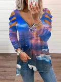 Off-shoulder V-neck Zipper Long-sleeved T-shirt Shopvhs.com