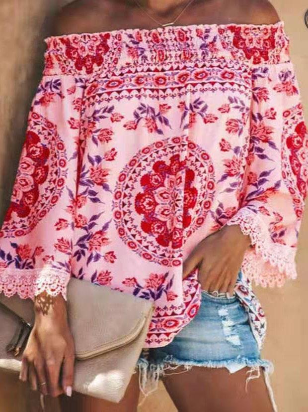 One-line Neck Floral Print Long-sleeved Top Shopvhs.com