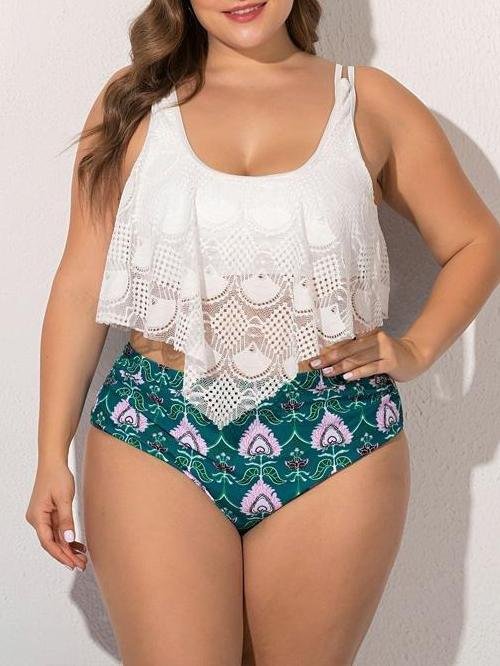 Plus Size Lace Ruffled High Waist Split Swimsuit Shopvhs.com