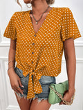 Polka Dot V-Neck Belted Button Short Sleeve Blouse Shopvhs.com