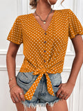 Polka Dot V-Neck Belted Button Short Sleeve Blouse Shopvhs.com