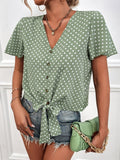 Polka Dot V-Neck Belted Button Short Sleeve Blouse Shopvhs.com