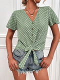 Polka Dot V-Neck Belted Button Short Sleeve Blouse Shopvhs.com