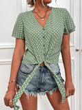 Polka Dot V-Neck Belted Button Short Sleeve Blouse Shopvhs.com