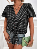 Polka Dot V-Neck Belted Button Short Sleeve Blouse Shopvhs.com