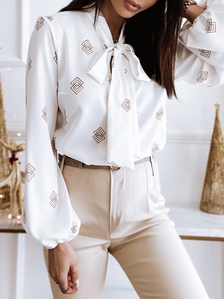 Printed Belted Long Sleeve Blouse Shopvhs.com