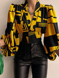 Printed Button V-Neck Balloon Sleeve Blouse Shopvhs.com