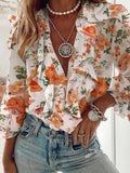 Printed Chiffon V-Neck Long Sleeve Blouses Shopvhs.com