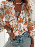 Printed Chiffon V-Neck Long Sleeve Blouses Shopvhs.com