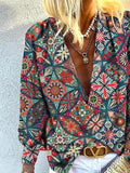 Printed Deep V-Neck Long Sleeve Blouses Shopvhs.com