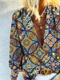 Printed Deep V-Neck Long Sleeve Blouses Shopvhs.com