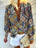 Printed Deep V-Neck Long Sleeve Blouses Shopvhs.com