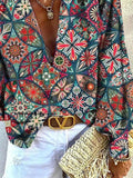 Printed Deep V-Neck Long Sleeve Blouses Shopvhs.com