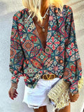 Printed Deep V-Neck Long Sleeve Blouses Shopvhs.com