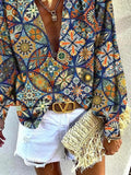 Printed Deep V-Neck Long Sleeve Blouses Shopvhs.com
