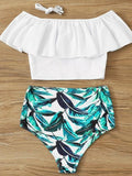 Printed High Waist Ruffle Off Shoulder Bikini Two Piece Swimsuit Shopvhs.com