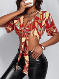 Printed Short Sleeve Bow Crop Blouse Shopvhs.com