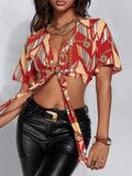 Printed Short Sleeve Bow Crop Blouse Shopvhs.com