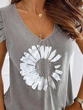 Printed Short Sleeve Ruffled V-Neck T-Shirt Shopvhs.com