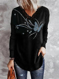 Printed V-Neck Lace Long Sleeve T-Shirt Shopvhs.com