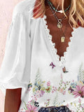 Printed V-Neck Lace Mid Sleeve Blouse Shopvhs.com