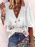 Printed V-Neck Lace Mid Sleeve Blouse Shopvhs.com