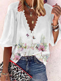 Printed V-Neck Lace Mid Sleeve Blouse Shopvhs.com