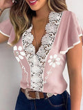 Printed V-Neck Lace Short Sleeve Blouse Shopvhs.com
