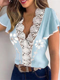 Printed V-Neck Lace Short Sleeve Blouse Shopvhs.com