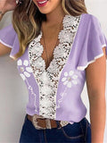Printed V-Neck Lace Short Sleeve Blouse Shopvhs.com