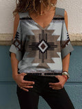 Printed V-Neck Off-Shoulder Short Sleeve T-Shirt Shopvhs.com