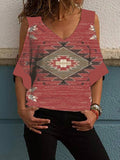 Printed V-Neck Off-Shoulder Short Sleeve T-Shirt Shopvhs.com