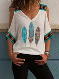 Printed V-Neck Off-Shoulder Short Sleeve T-Shirt Shopvhs.com